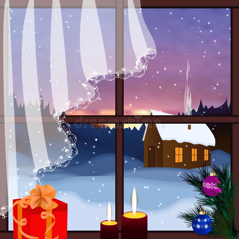Vectorvenster met mening van sneeuwachtergrond stock illustratie Vectorvenster met mening van sneeuwachtergrond stock illustratie