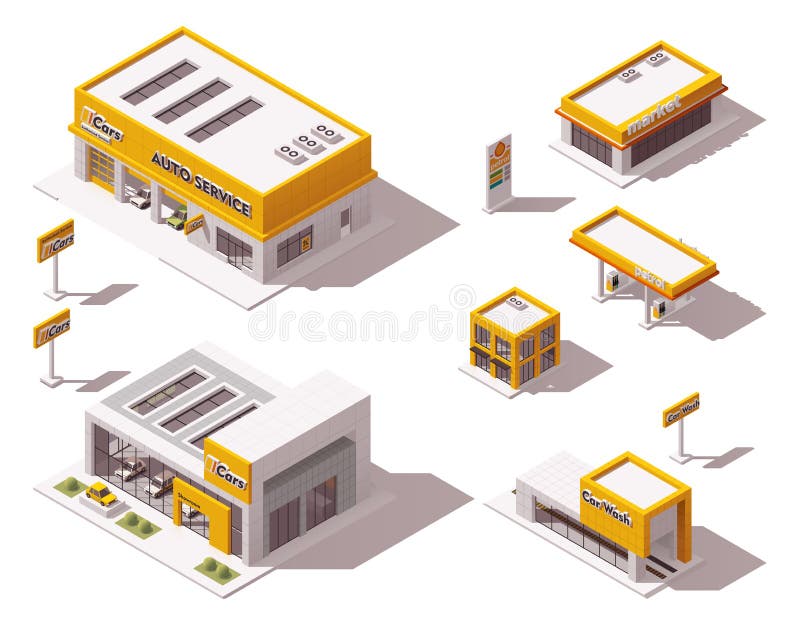 Set of the isometric road transport related buildings. Set of the isometric road transport related buildings