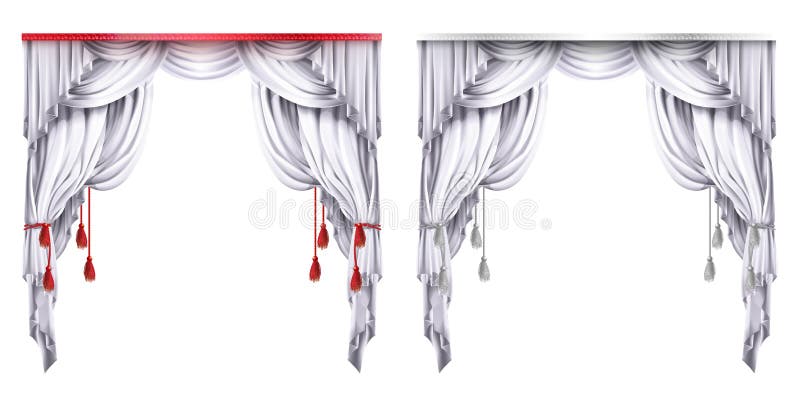 Vector silk, velvet drapes with red or white tassels. Theatrical curtain with folds. Decoration element for performance, premiere. Elegant blinders. Great concept for presentation. Drapery background. Vector silk, velvet drapes with red or white tassels. Theatrical curtain with folds. Decoration element for performance, premiere. Elegant blinders. Great concept for presentation. Drapery background