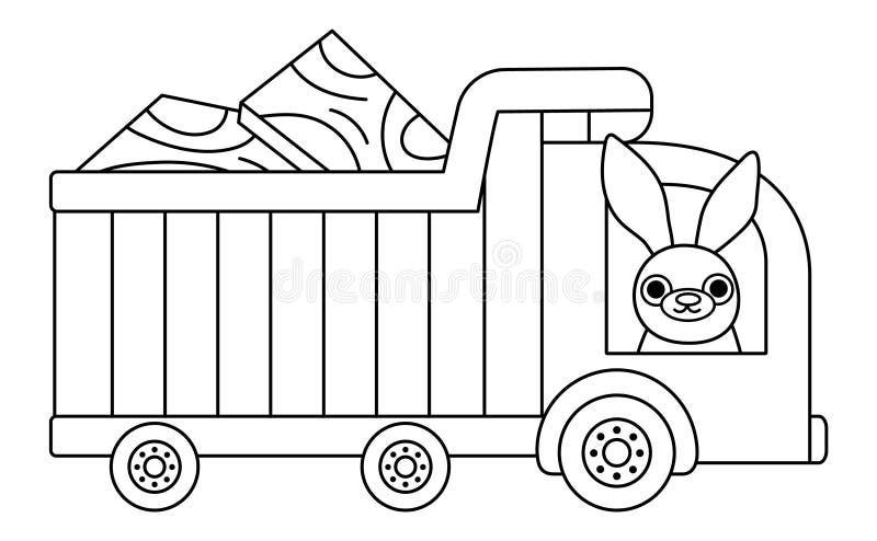 Vector black and white wood loaded truck with rabbit driver. Construction site, road work line icon with funny woodland animal. Building transportation coloring page. Special transport illustration. Vector black and white wood loaded truck with rabbit driver. Construction site, road work line icon with funny woodland animal. Building transportation coloring page. Special transport illustration