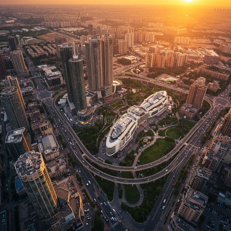 Vedere aeriană asupra unui peisaj urban modern la apus. Zgârie-nori domină Skylin-ul royalty free illustration
