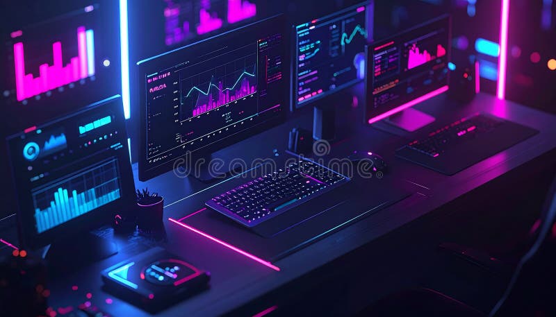 Vedere aeriană inovatoare de birou high-tech a vizualizării dinamice a datelor într-un cadru futurist stock illustration