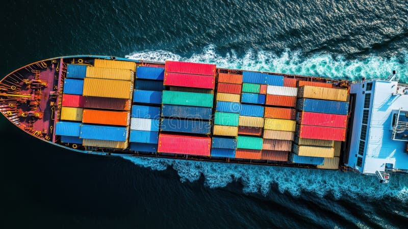 Vedere aeriană a navei de containere colorate care navighează prin apele albastre întunecate ale oceanului stock photography