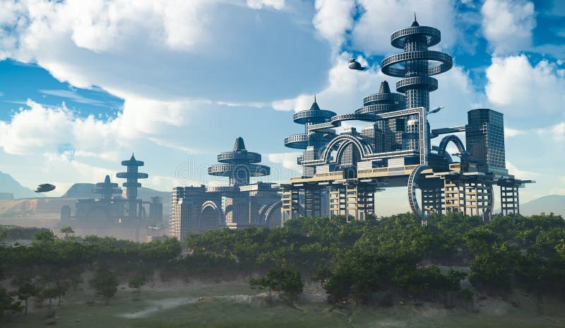 Vedere aeriană a orașului futurist cu nave spațiale zburătoare stock illustration