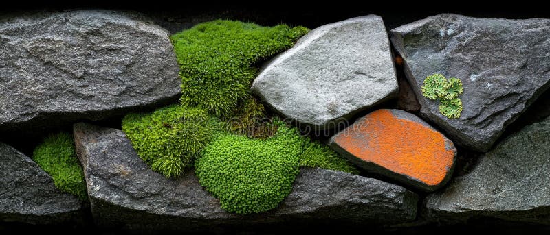 Vedere de aproape a unui zid de piatră împodobit cu diferite tipuri de mușchi și lichen. royalty free stock images