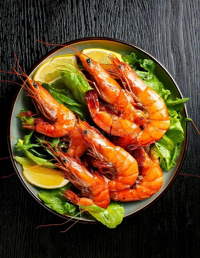 Vedere de sus a creveților jumbo la grătar, proaspeți, cu salată verde. Macrocomanda închide imaginea de sus a creveților proaspeț stock illustration