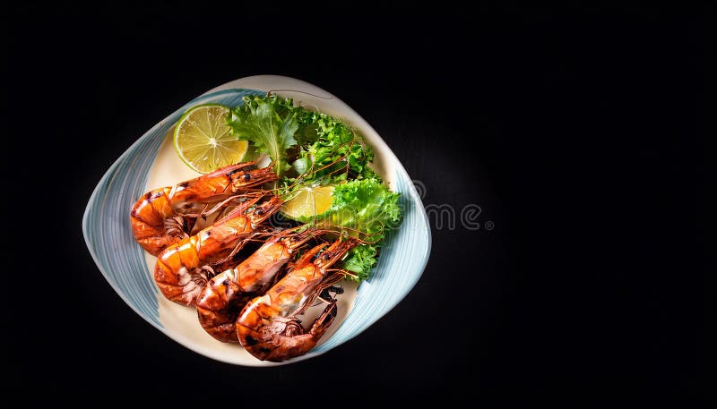 Vedere de sus a creveților jumbo la grătar, proaspeți, cu salată verde. Macrocomanda închide imaginea de sus a creveților proaspeț royalty free illustration