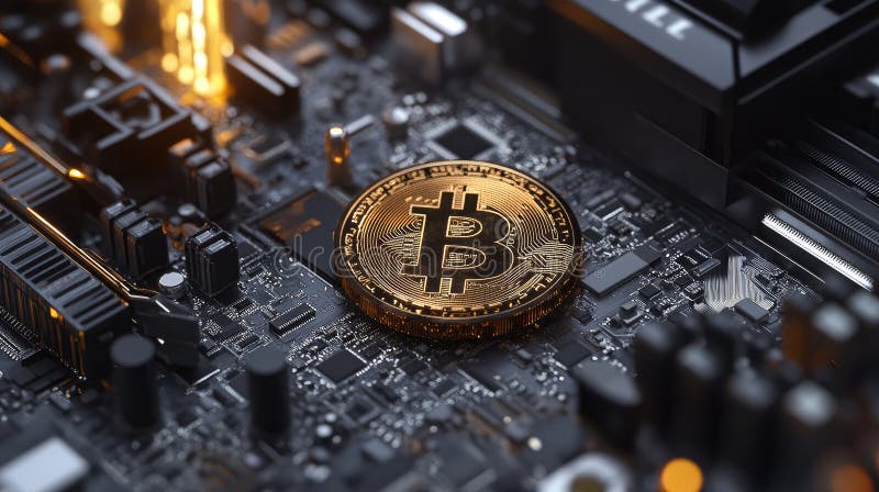 Vedere de închidere a bitcoinului auriu pe placa circuitului computerizat. firmă criptomonedă vector illustration