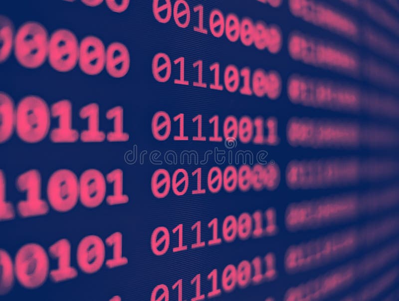 Vedere de închidere a codului binar al computerului cu afișarea de 1 s și 0 s pe un ecran albastru cu efect de neclaritate focaliz royalty free stock image