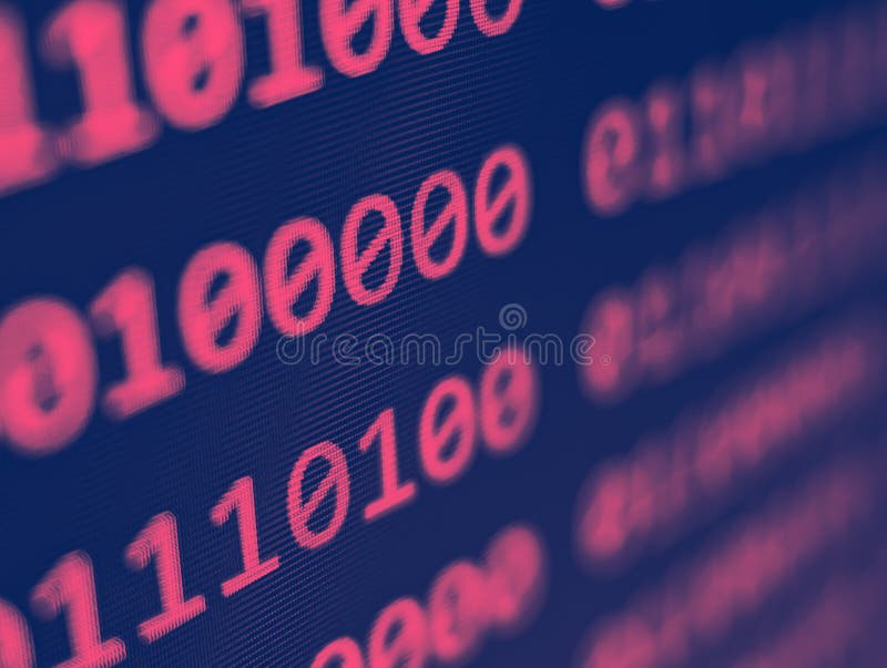 Vedere de închidere a codului binar al computerului cu afișarea de 1 s și 0 s pe un ecran albastru cu efect de neclaritate focaliz royalty free stock image