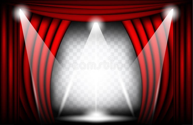 Vedere de închidere a perdelelor de catifea roșie. etapa teatrului vectorial al teatrului teatrului teatrului cu reflectoare royalty free illustration