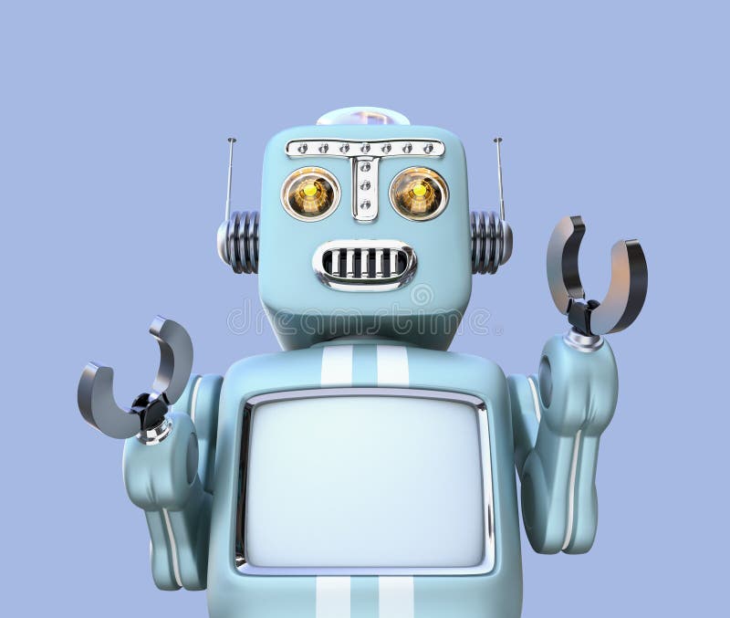 Vedere frontală a robotului retro izolat pe fond albastru vector illustration