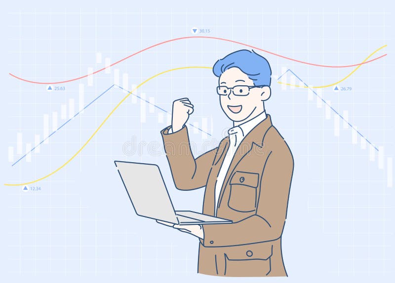 A business man with a laptop and confidently lifting his fist when analyzing that business grows. vector illustration A business man with a laptop and confidently lifting his fist when analyzing that business grows. vector illustration