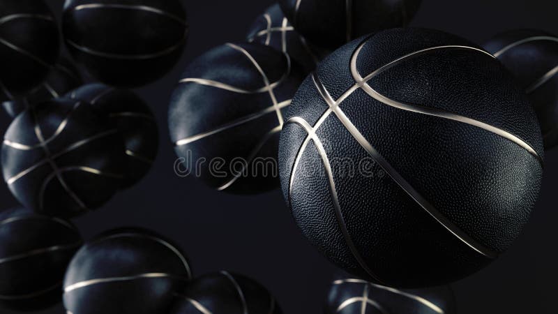 Veel zwarte basketbalballen met gouden metalen lijn in een eindeloze stapel die vanaf de voorkant gezien wordt. donkere achtergron