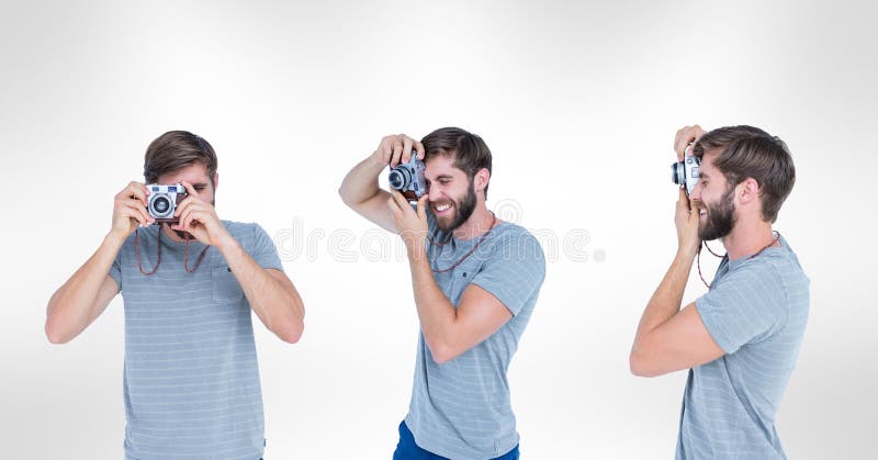 Veelvoudig beeld van de mens die camera met behulp van tegen witte achtergrond royalty-vrije illustratie Veelvoudig beeld van de mens die camera met behulp van tegen witte achtergrond royalty-vrije illustratie