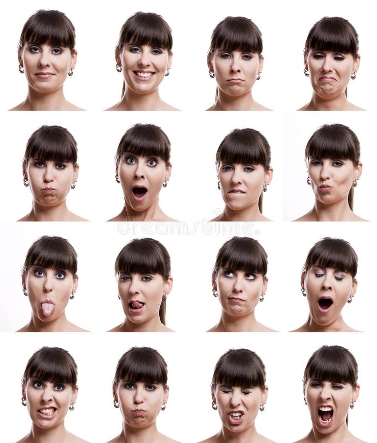 Multiple close-up portraits of the same woman in different emotions and expressions. Multiple close-up portraits of the same woman in different emotions and expressions