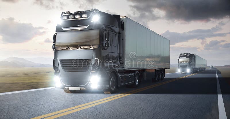 Veelvoudige vrachtwagens met aanhangwagen het drijven op een verre weg door een landschap bij schemer stock foto Veelvoudige vrachtwagens met aanhangwagen het drijven op een verre weg door een landschap bij schemer stock foto