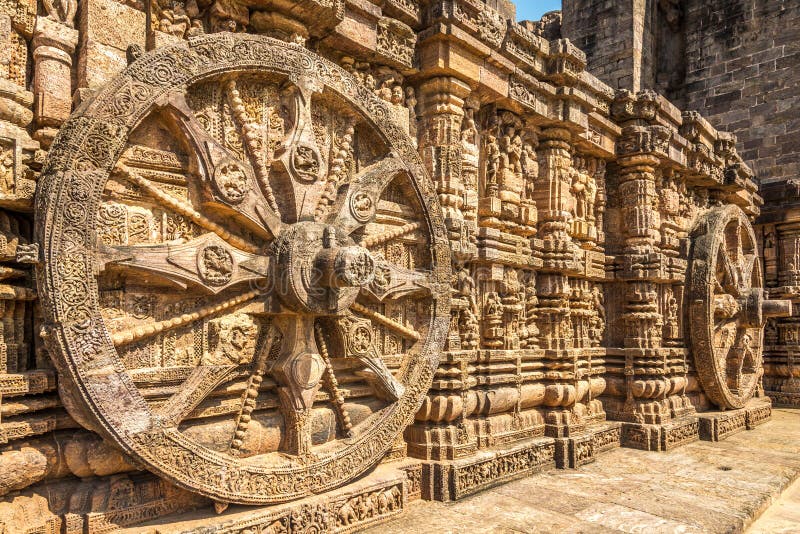 Veew at the decorative stone relief wheels of Konark Sun Temple in India, Odisha