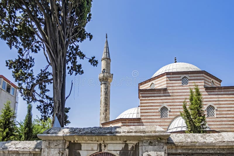 Vefa,istanbul,turkey- august 3,2019.General view from Seyh Ebul Vefa mosque and minaret in vefa district.