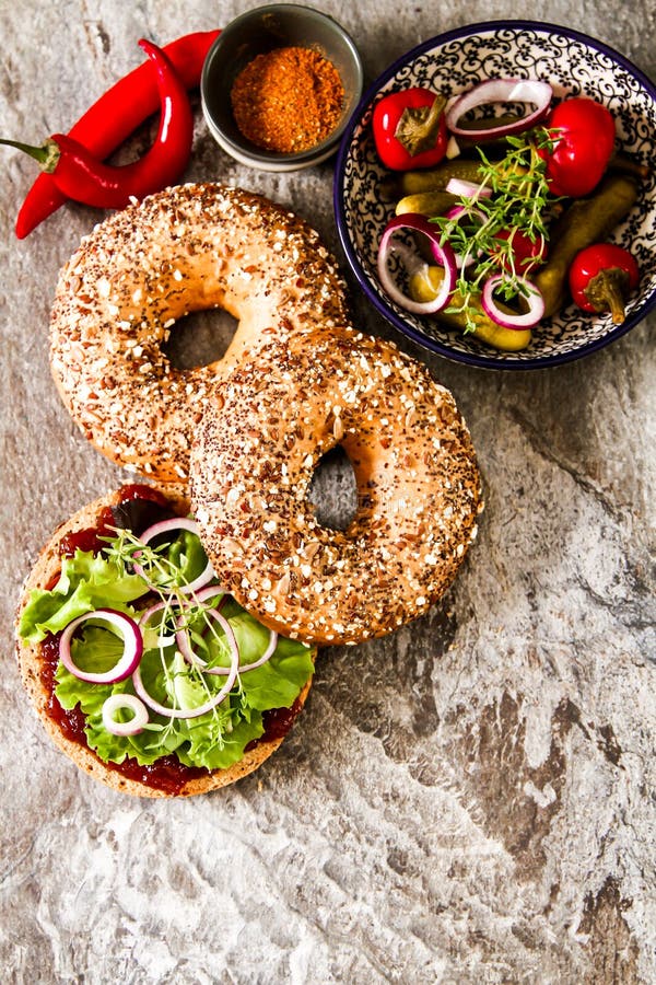 Vegan Bagel Made At Home With Lettuce And Sauce Stock Photo Image of
