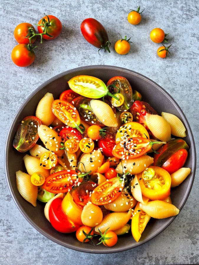 Vegan Bowl with Pasta and Tomatoes. Pasta with Tomatoes in a Bowl Stock Photo Image of dinner