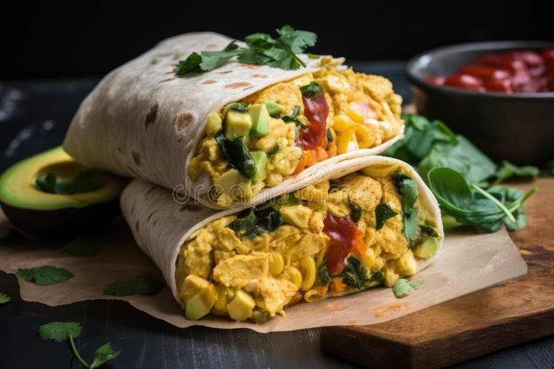 Vegan Breakfast Burrito, Filled with Scrambled Tofu and Vegetables