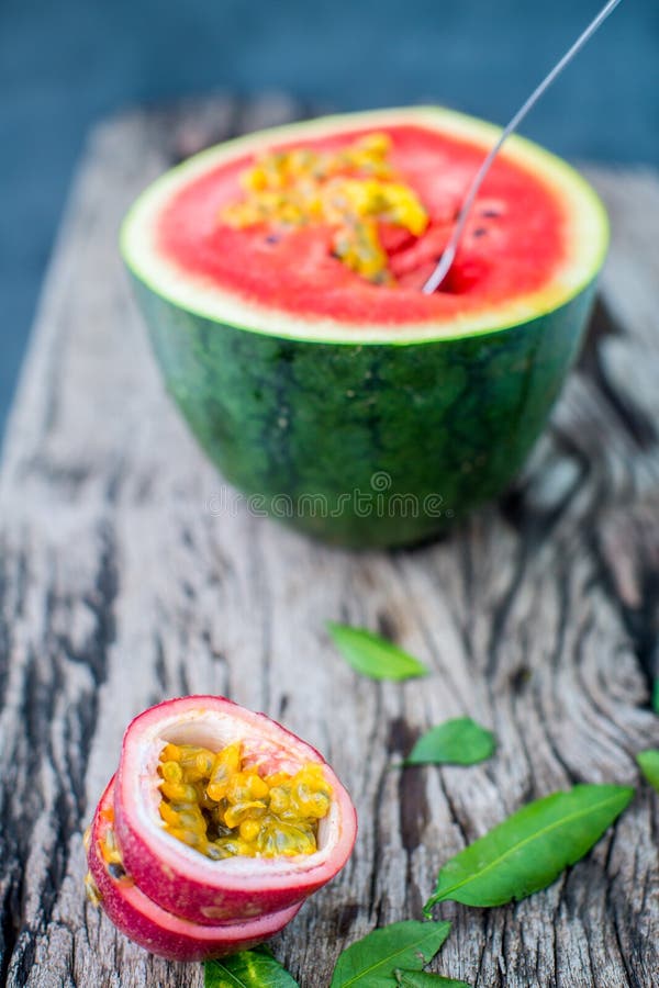 Vegan Breakfast. Watermelon with Passion Fruit Stock Photo Image of