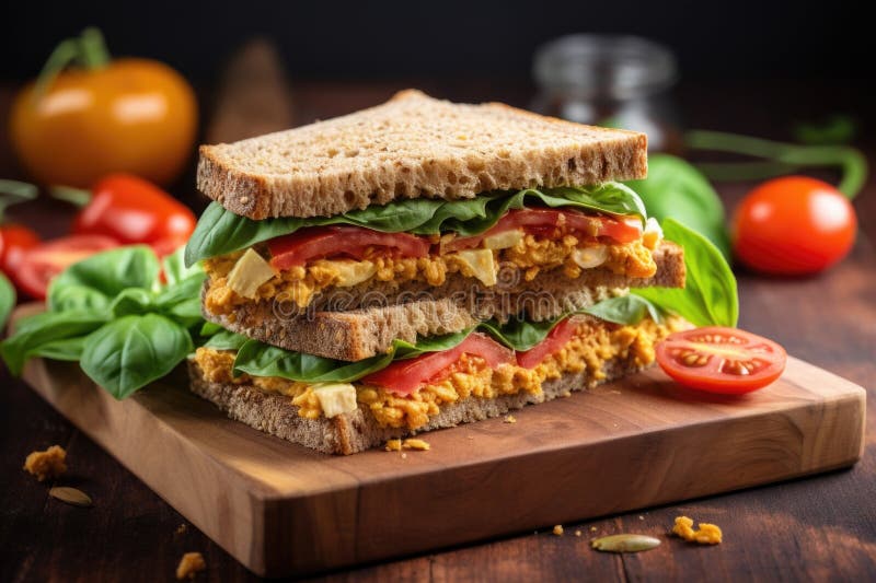 Vegan Cheese and Tomato Sandwich with Basil Stock Photo Image of