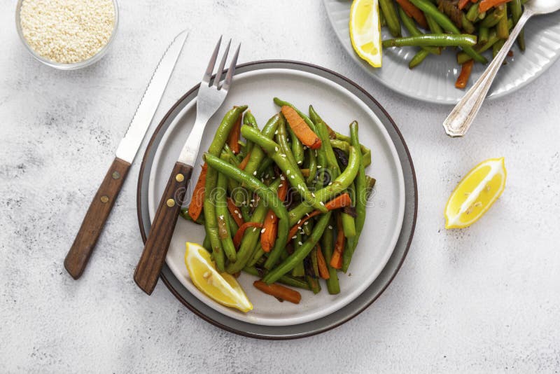 Vegan Food. Cooked Green String Beans and Carrots. Healthy Salad of ...