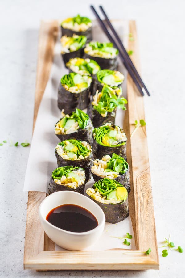 Vegan Green Sushi Rolls with Avocado, Sprouts, Cucumber and Nori Stock ...