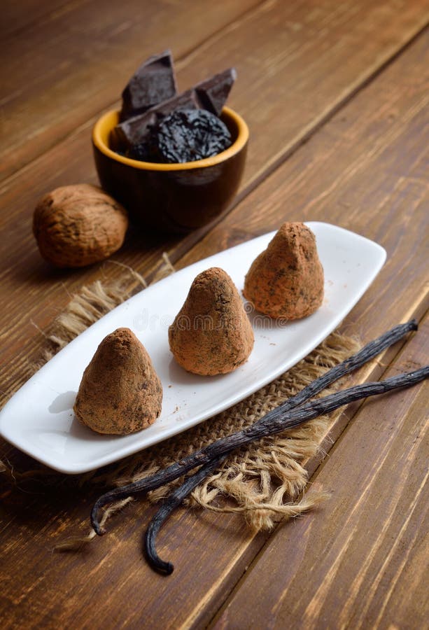 Vegan Homemade Candies with prunes and nuts in cocoa powder. royalty free stock photos Vegan Homemade Candies with prunes and nuts in cocoa powder. royalty free stock photos