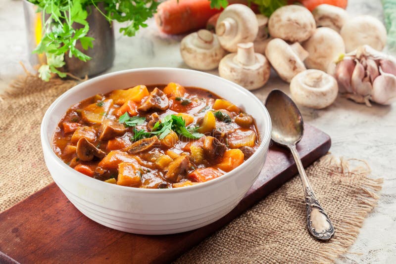 Vegan Irish stew for St. Patrick`s Day. On a plate stock photography