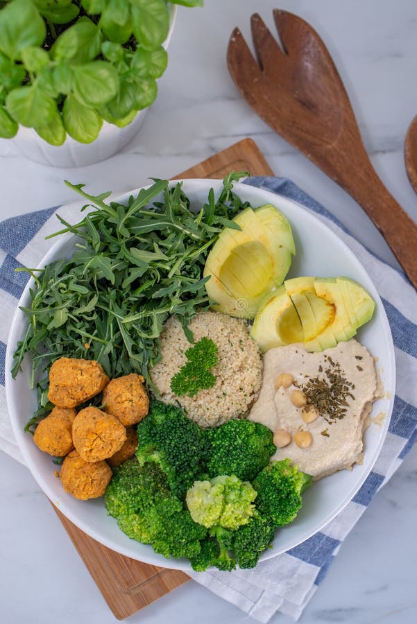 Vegan Lunch Bowl with Quinoa, Hummus, Chickpeas, Avocado, Vegetables ...