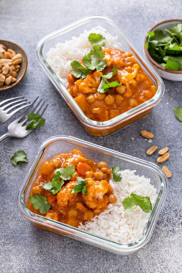Vegan Meal Prep Idea Vegetable and Chickpeas Curry with Rice Stock