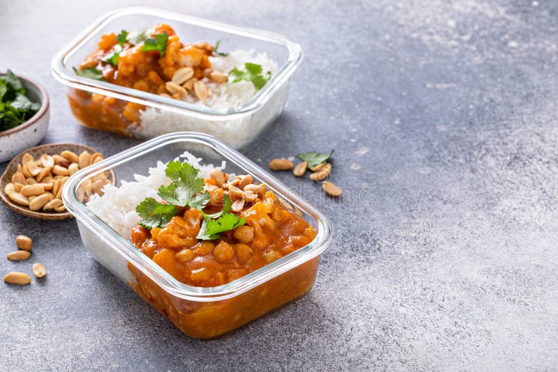 Vegan Meal Prep Idea Vegetable and Chickpeas Curry with Rice Stock
