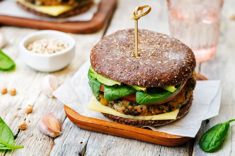 Vegan Quinoa Eggplant Spinach Chickpeas Rye Burger Stock Image Image