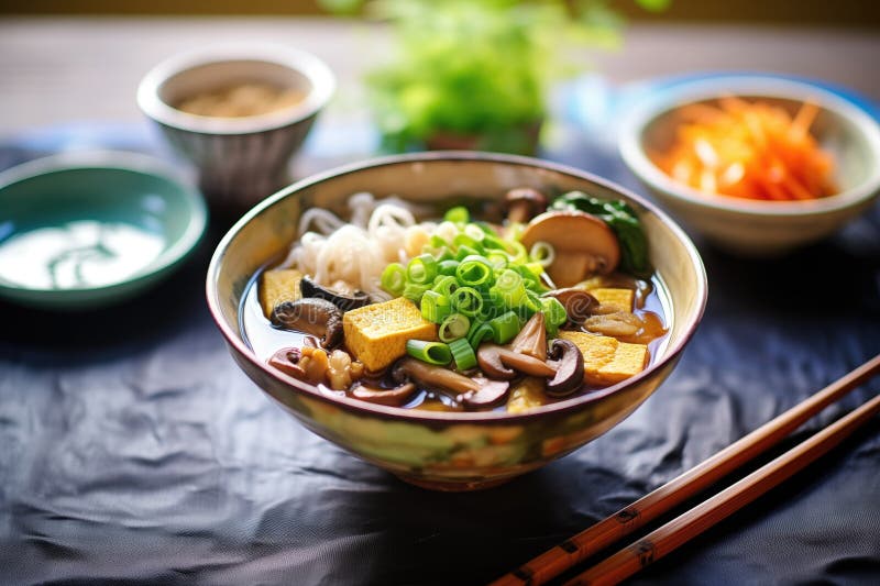Vegan Ramen with Tofu and Mushrooms, Natural Light Stock Illustration