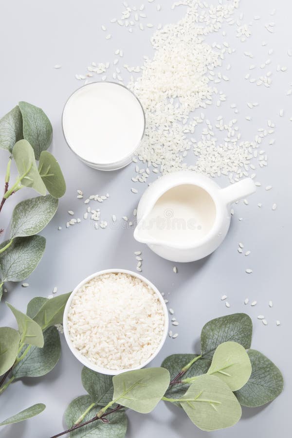 Vegan rice plant based milk in bottles, closeup, gray background. Non dairy alternative milk. Healthy vegetarian food and drink. Concept. Copy space, top view royalty free stock photo Vegan rice plant based milk in bottles, closeup, gray background. Non dairy alternative milk. Healthy vegetarian food and drink. Concept. Copy space, top view royalty free stock photo