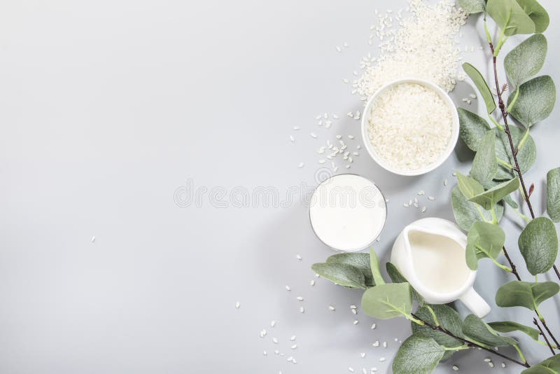 Vegan rice plant based milk in bottles, closeup, gray background. Non dairy alternative milk. Healthy vegetarian food and drink. Concept. Copy space, top view royalty free stock image Vegan rice plant based milk in bottles, closeup, gray background. Non dairy alternative milk. Healthy vegetarian food and drink. Concept. Copy space, top view royalty free stock image