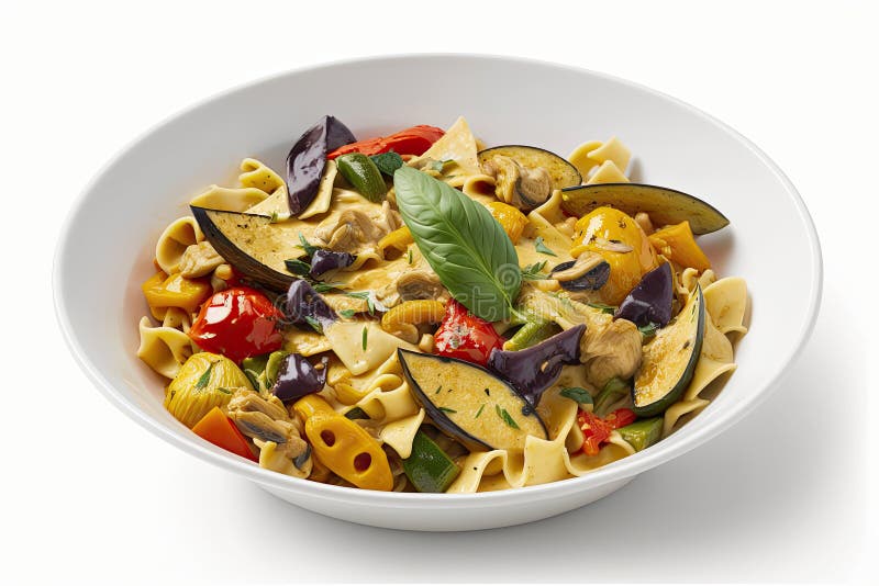 Vegan Roasted Vegetable Pasta on a White Background. Generative AI