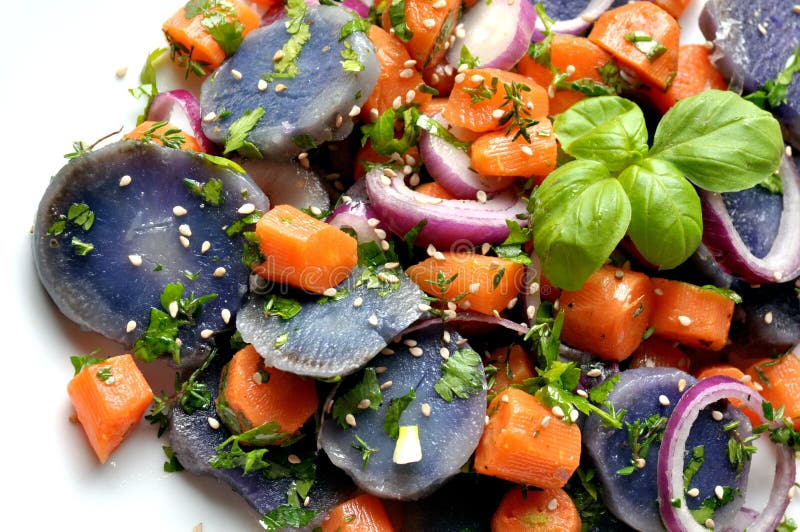 Vegan Salad with Violet Potato, Carrots and Onion Stock Image Image