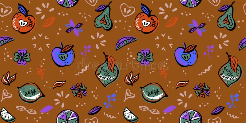Vegan seamless pattern with fruits, vibrant fantasy colors stock illustration