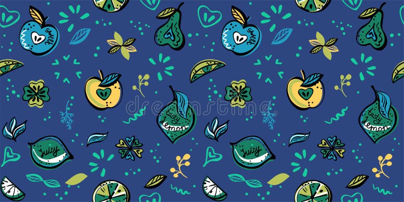 Vegan seamless pattern with fruits, vibrant fantasy colors vector illustration