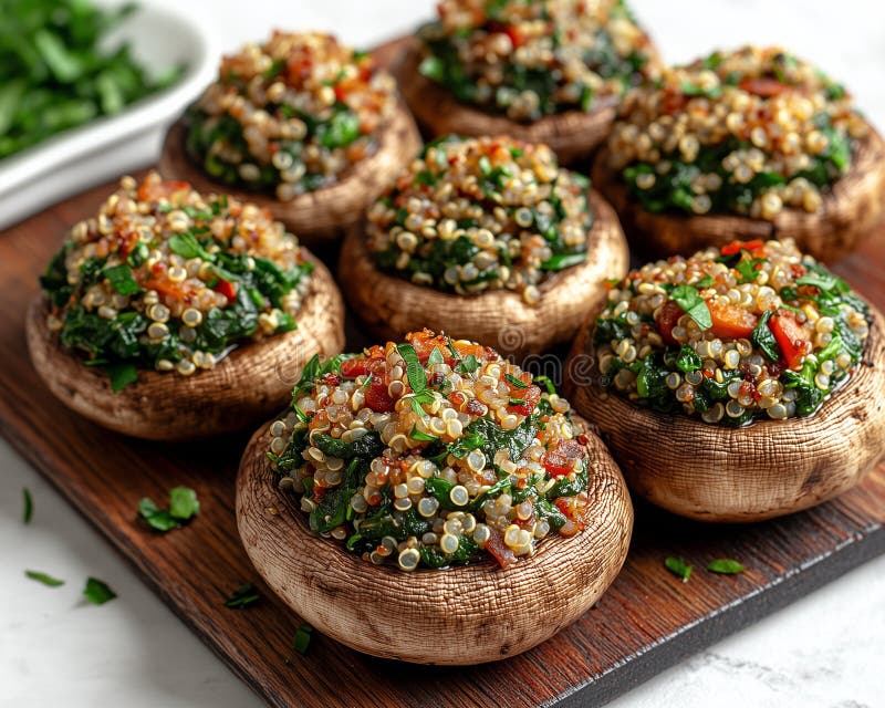Vegan Stuffed Mushrooms with Wood Template Stock Illustration