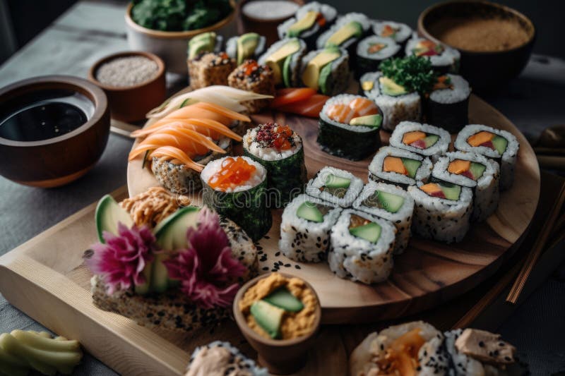 Vegan Sushi Platter with Variety of Rolls and Fillings Stock Image Image of healthy, sauce