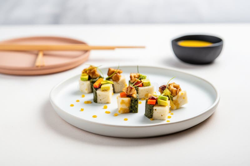 Vegan sushi-rullar med tofu och avokado på minimalistplatta arkivbilder