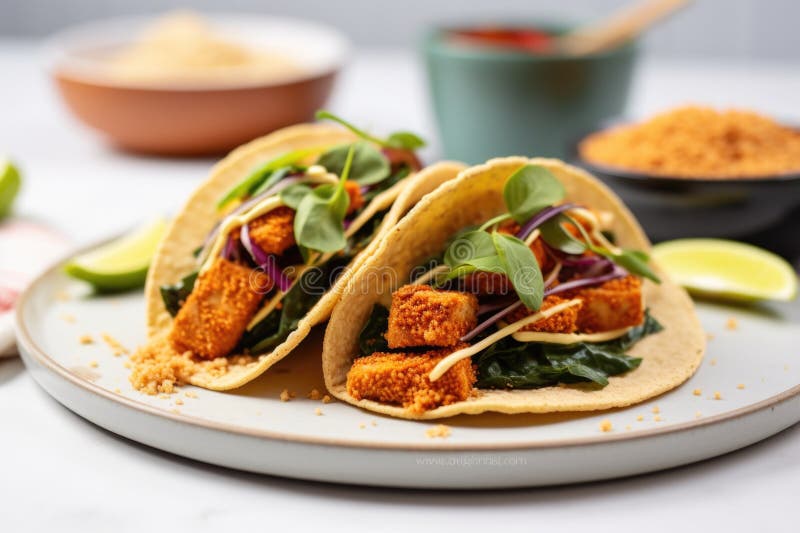 Vegan Taco with Crispy Tofu and Shredded Vegan Cheese on a Kitchen