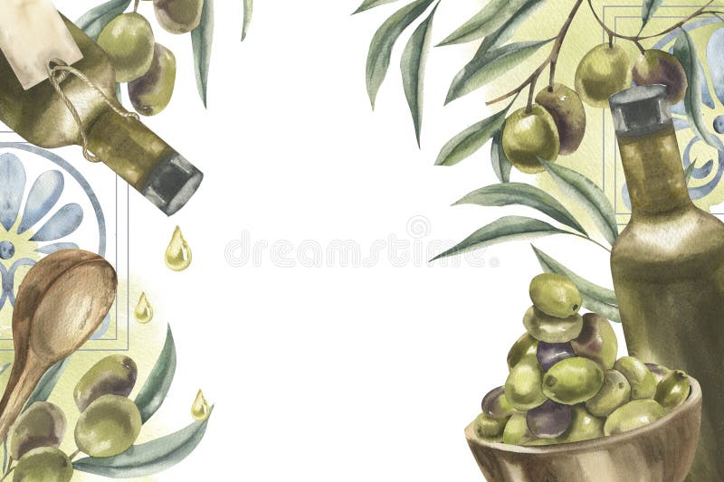 Veganisches Futter Aquarellbanner mit Olivenöl grüne Flasche Oliven Bunch Filialen und griechisch antiken Ornament Illustrationen. vektor abbildung