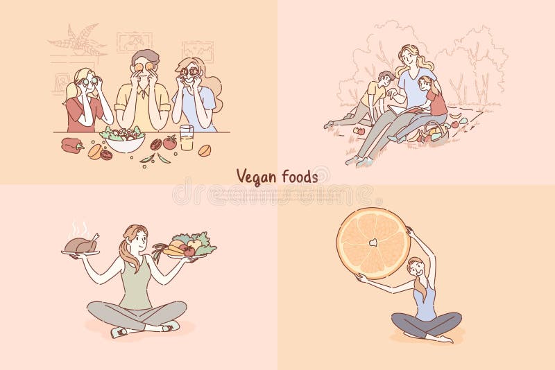 Veganistvoedsel, gezonde en ongezonde het eten keus, familie die de bannermalplaatje koken van de verse groentensalade stock illustratie Veganistvoedsel, gezonde en ongezonde het eten keus, familie die de bannermalplaatje koken van de verse groentensalade stock illustratie