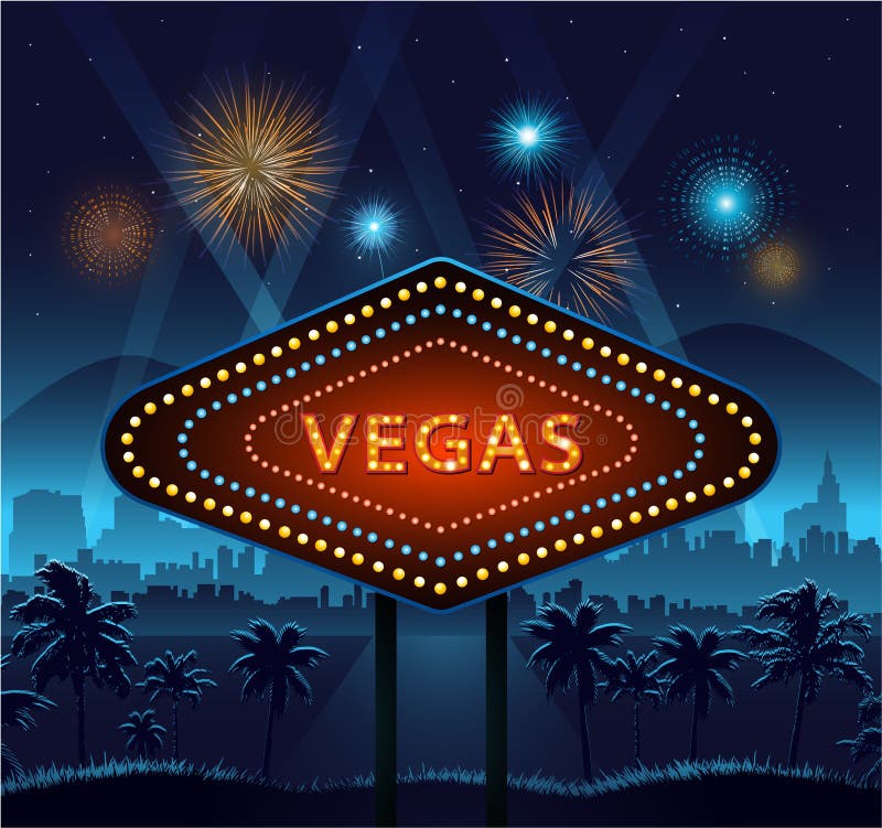 Vegas city sign at night and background lights fireworks